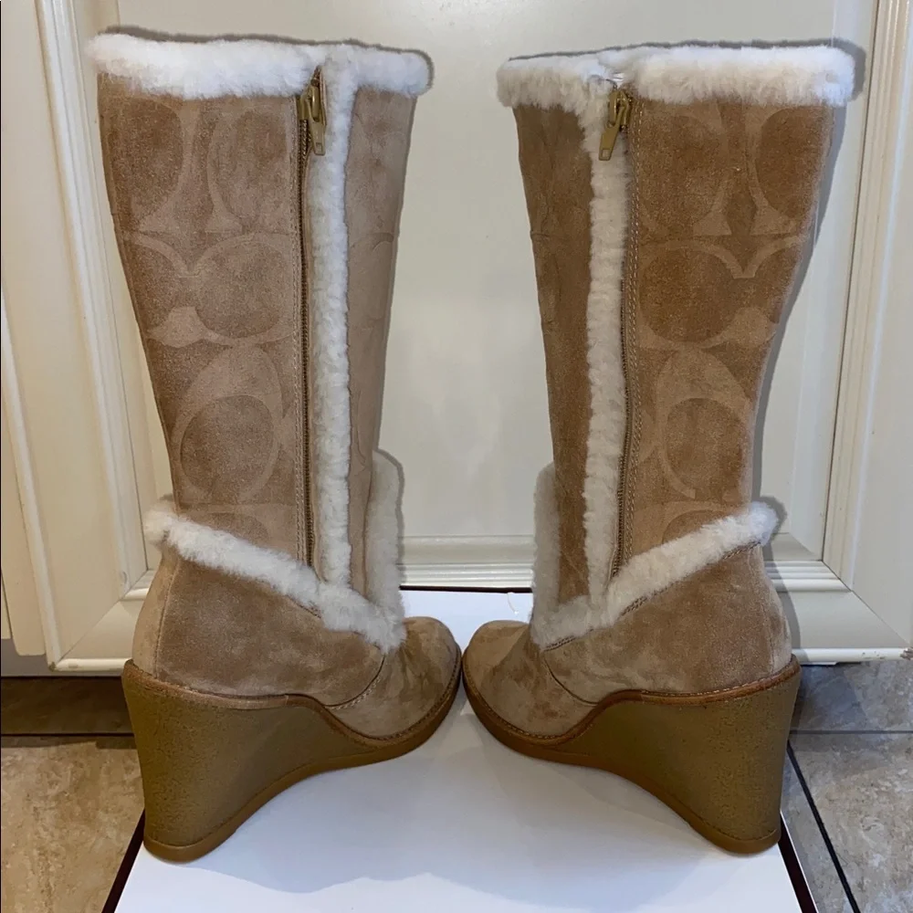 COACH Jordana Suede Shearling Trim Wedge Boots in Tan & Beige in Size 7 - Picture 9 of 15